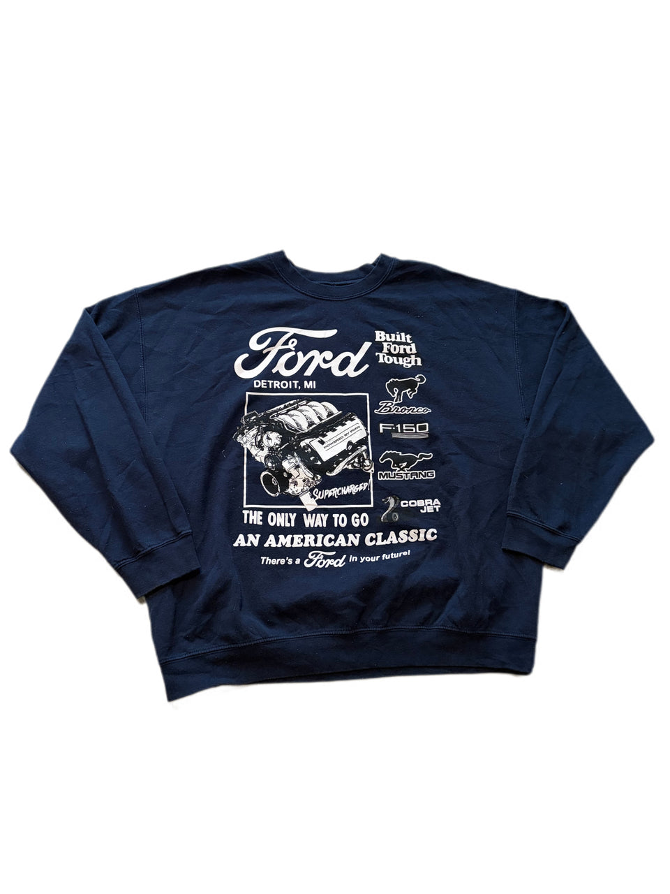 FORD BUILT TOUGH F-150 MUSTANG BRONCO COBRA RACING NAVY CREWNECK