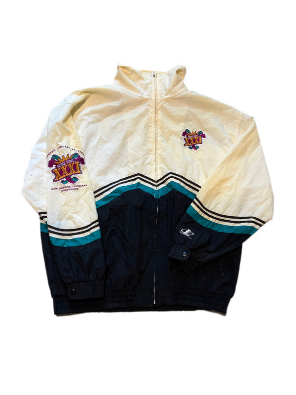 VINTAGE LOGO ATHLETIC NFL 1997 SUPER BOWL XXXI NEW ORLEANS EMBROIDERED LOGO WINDBREAKER JACKET
