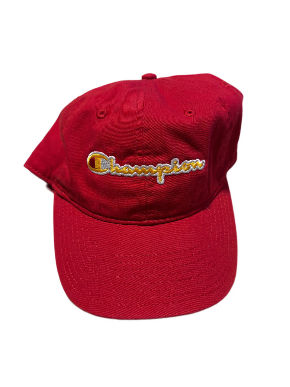 RED CHAMPION CLASSIC TWILL WRITTEN LOGO STRAPBACK HAT