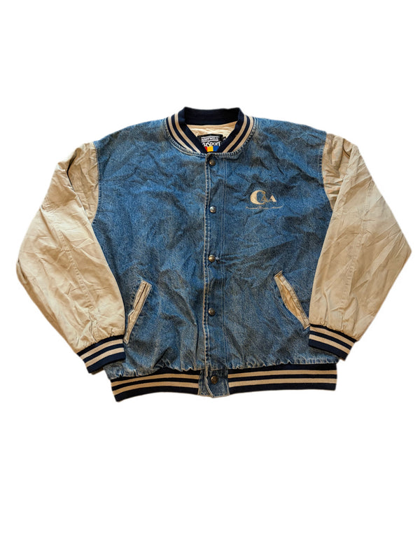VINTAGE HARTWELL SPORTS DENIM VARSITY CAA BOMBER JACKET WITH BEIGE SLEEVES