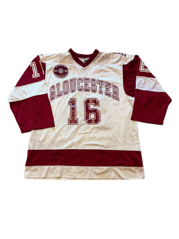 GLOUCESTER FISHERMAN HOCKEY 50 YEARS PATCH WHITE MARRON #16 JERSEY