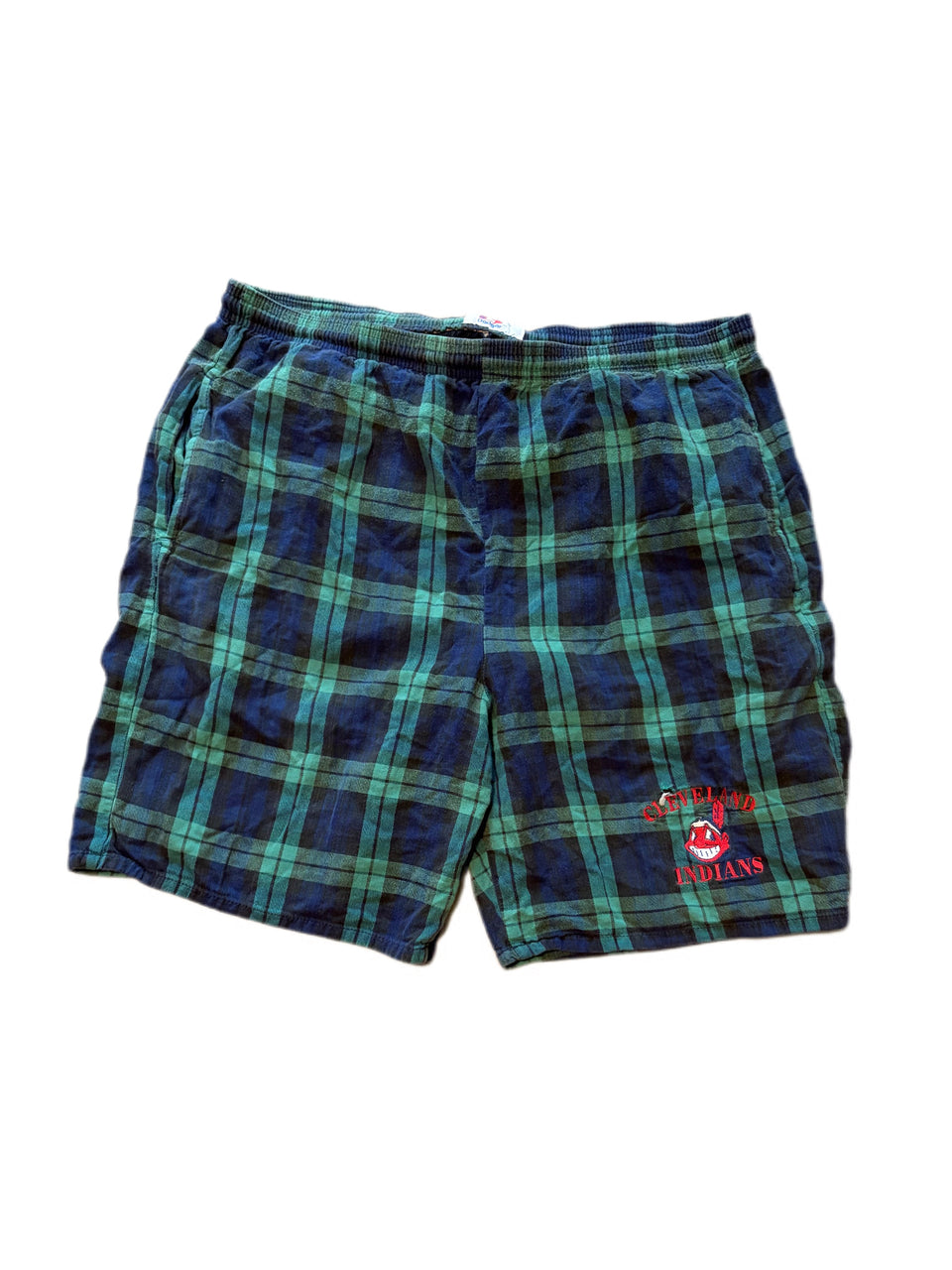 GREEN AND BLUE FLANNEL PLAID CLEVELAND INDIANS SHORTS
