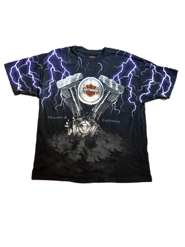 VINTAGE 90'S HARLEY DAVIDSON LIGHTNING AND THUNDER ALL OVER PRINT BAKERSFIELD CA TEE