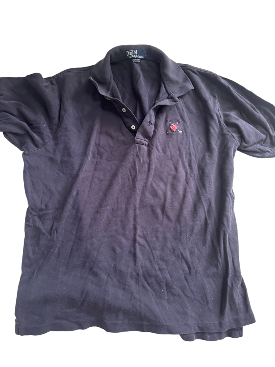 VINTAGE POLO RALPH LAUREN NAVY BLUE GOLF SHIELD LOGO POLO