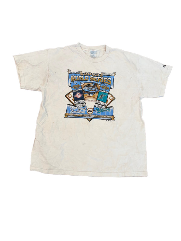 VINTAGE 2003 WORLD SERIES NEW YORK YANKEES VS FLORIDA MARLINS GRAPHIC SHIRT