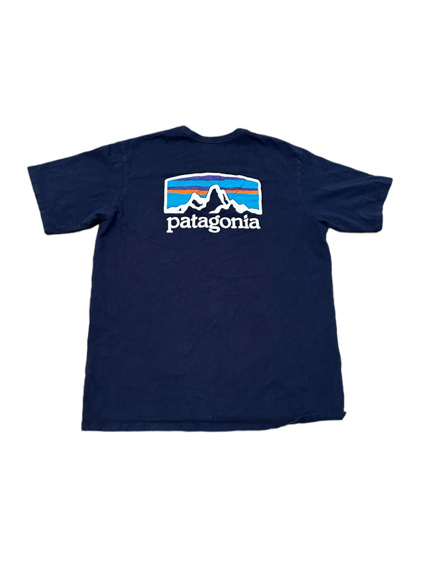 PATAGONIA MENS MOUNTAIN GRAPHIC SHORT SLEEVE SHIRT NAVY BLUE