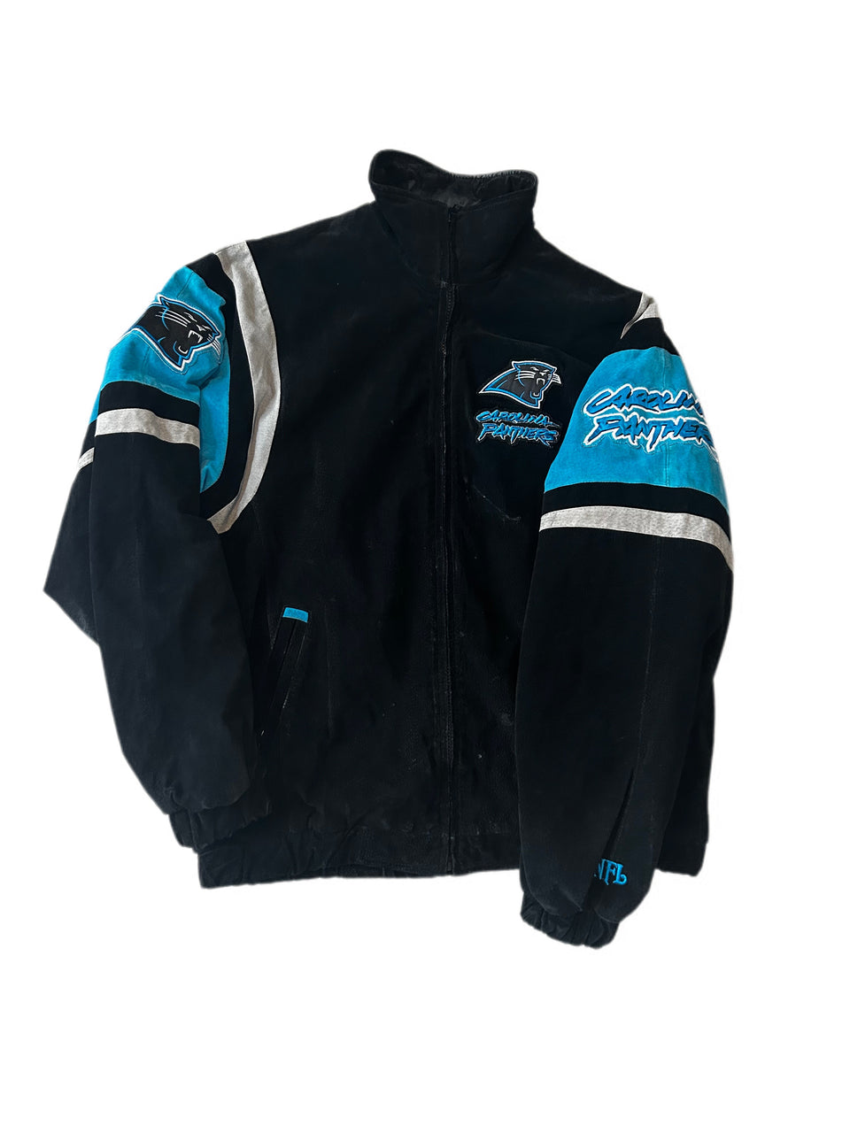 VINTAGE 90'S CAROLINA PANTHERS EMBROIDERED SUEDE LEATHER JACKET