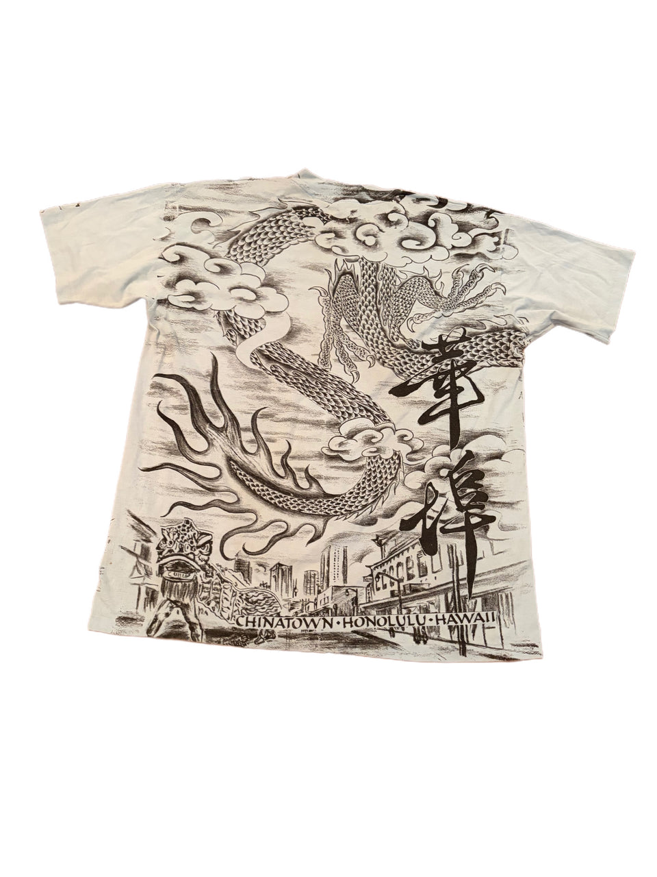 VINTAGE SINGLE STITCHED FORTUNE DESIGNS COLLECTION DRAGON CITY GRAPHIC ALL OVER PRINT SHIRT