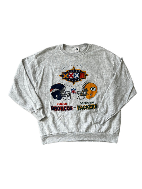VINTAGE DENVER BRONCOS SUPER BOWL XXXII GREEN BAY PACKERS GREY PRO PLAYER CREWNECK
