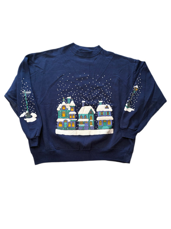 VINTAGE 1990'S NAVY BLUE CHRISTMAS VILLAGE SCENE SNOWFALL CREWNECK PULLOVER