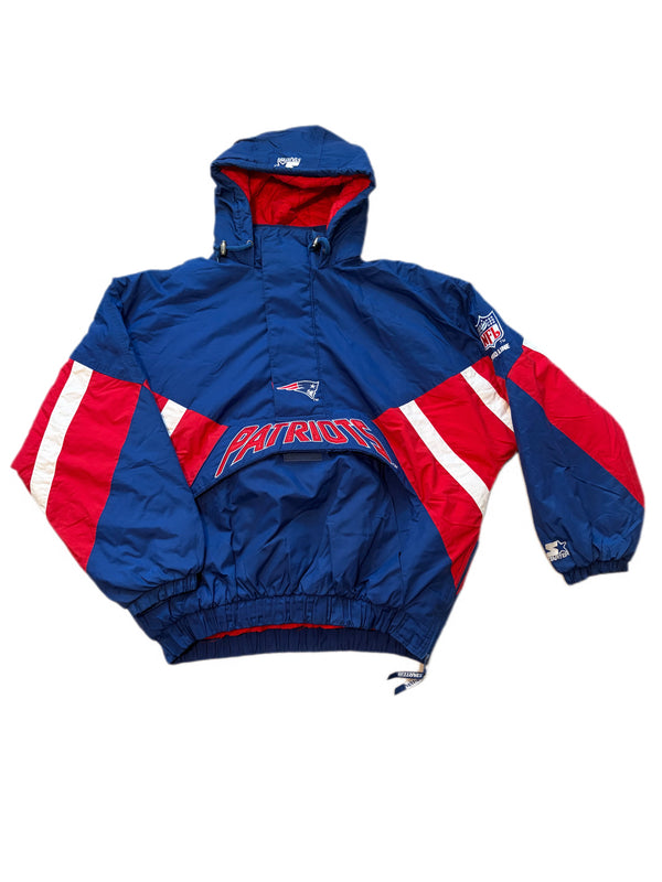 VINTAGE 1990'S STARTER NEW ENGLAND PATRIOTS QUARTER ZIP NFL PRO LINE HOODED PUFFER JACKET